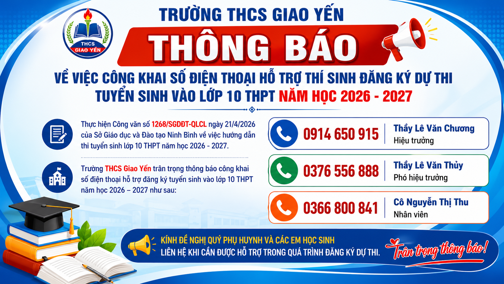 Trường THCS Giao Yến Thông báo V/v công khai số điện thoại hỗ trợ học sinh đăng ký dự thi tuyển sinh vào lớp 10 THPT năm học 2026-2027
