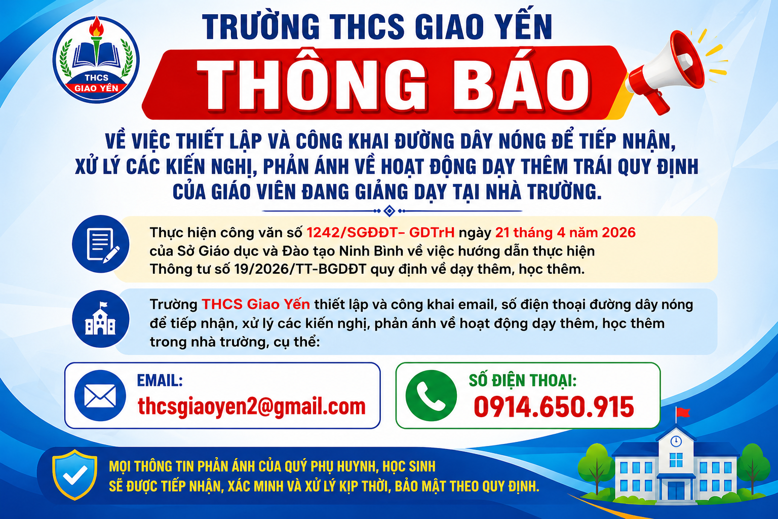 Trường THCS Giao Yến Thông báo V/v Thiết lập và công khai đường dây nóng để tiếp nhận, xử lý các kiến nghị, phản ánh về hoạt động dạy thêm trái quy định của giáo viên đang giảng dạy tại nhà trường