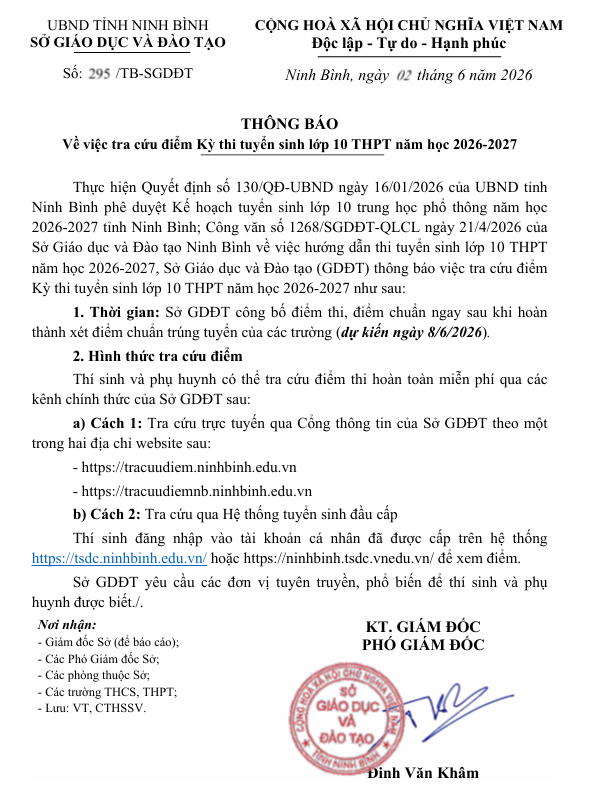 Thông báo về việc tra cứu điểm thi tuyển sinh vào lớp 10 THPT năm học 2026-2027