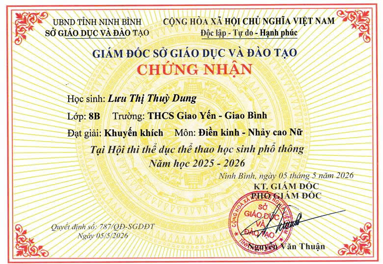 Biểu dương học sinh đạt thành tích trong Hội thi Thể dục Thể thao học sinh phổ thông ngành Giáo dục lần thứ nhất năm 2026 do Sở GD&ĐT Ninh Bình tổ chức Biểu dương học sinh đạt thành tích trong Hội thi Thể dục Thể thao học sinh phổ thông ngành Giáo dục lần thứ nhất năm 2026 do Sở GD&ĐT Ninh Bình tổ chức