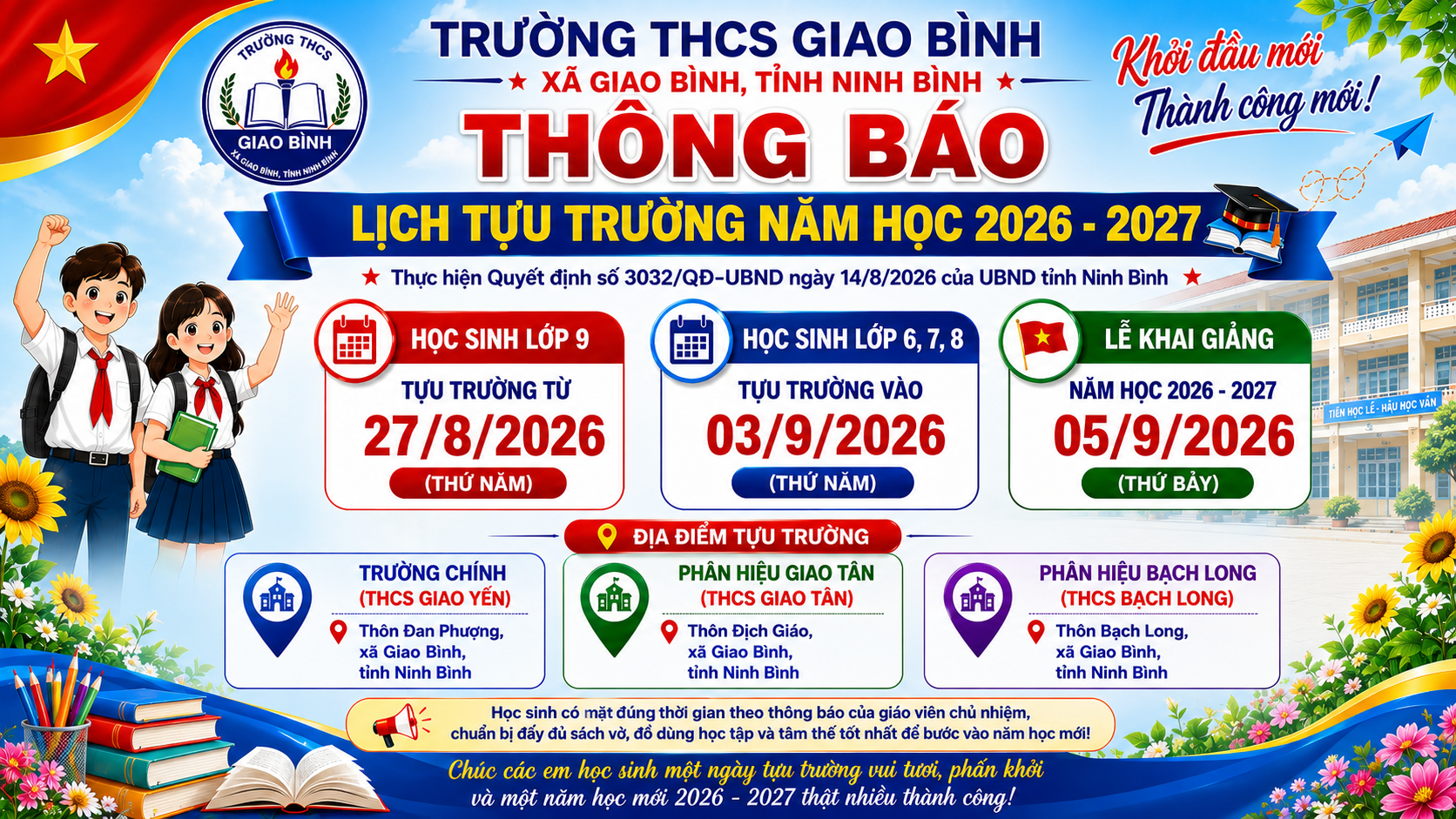 THÔNG BÁO  Về việc tựu trường năm học 2026 – 2027