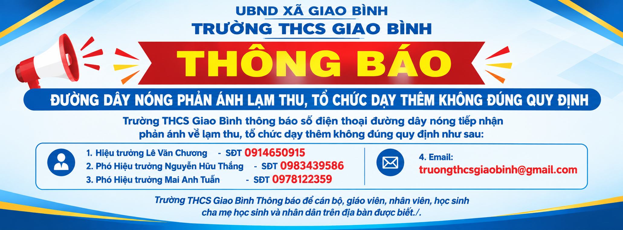 Thông báo đường dây nóng tiếp nhận phản ánh lạm thu – Trường THCS Giao Bình
